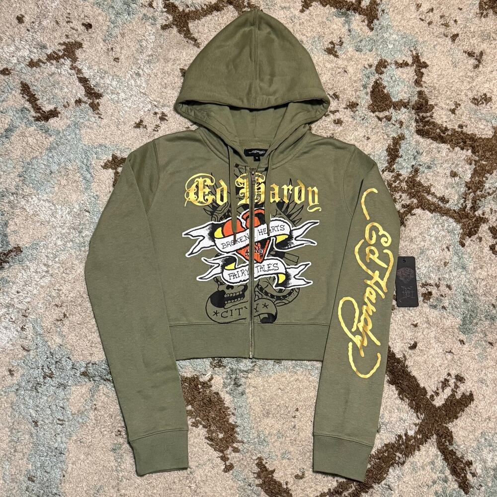 NWT Ed Hardy Tattoo Womens Cropped Hoodie Size Medium Y2K